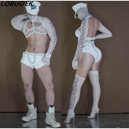 Men Women Group Jazz Dance Costume White Print Bandage Set Bar Nightclub DJ Dance Team Singer Sexy Stage Wear Performance Outfit