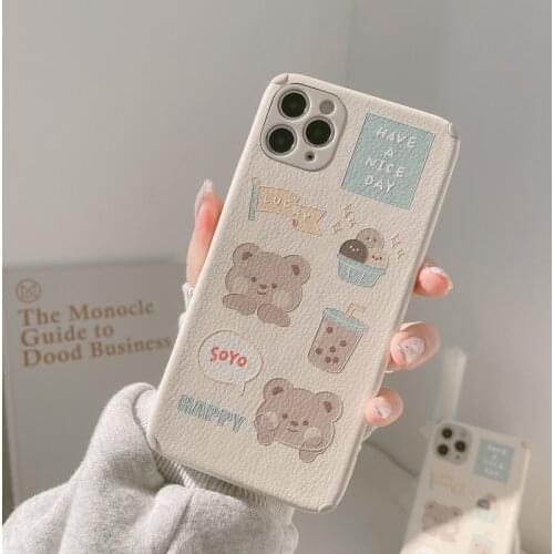 Ins Cute Cartoon Milk Tea Bear Korean Phone Case For iPhone 12 11 Pro Max XR X Xs Max 7 8 Puls SE 2020 Cases Soft Leather Cover