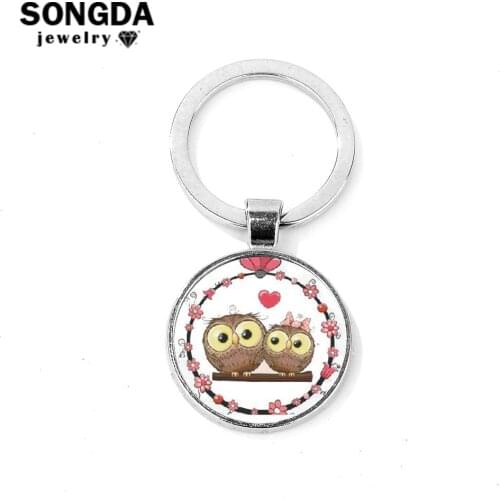 SONGDA Fashion Cute Anime Couple Owl Keychain Handbag Car Key Ring Glass Cabochon Gem Key Chain Valentines Day Gift for Lover