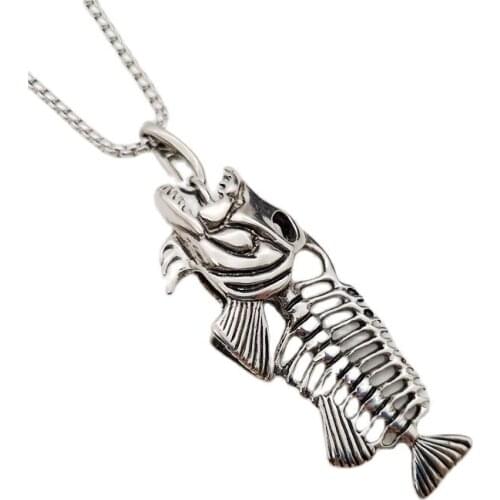 Mens cool fish skelenton pendant necklace 316 stainless steel fish hook fish skeleton skull bone necklace Gothetic jewelry
