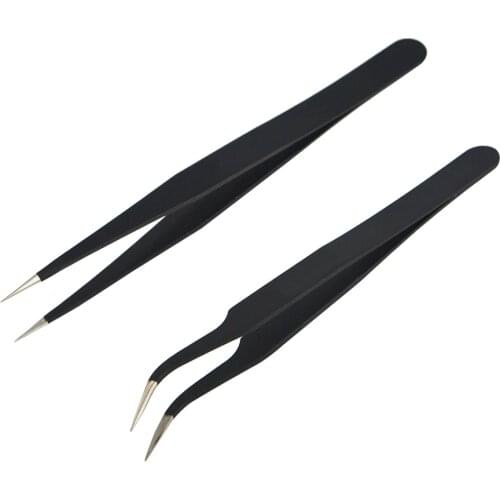 2pcs Stainless Steel Black Curved Straight Tweezers Set Anti-static Precision Soldering Tweezers Electronic ESD Tweezers Tool
