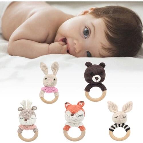2020 New Crochet Wooden Ring Baby Teether Animal Rattle Chewing Teething Nursing Soother 95AE