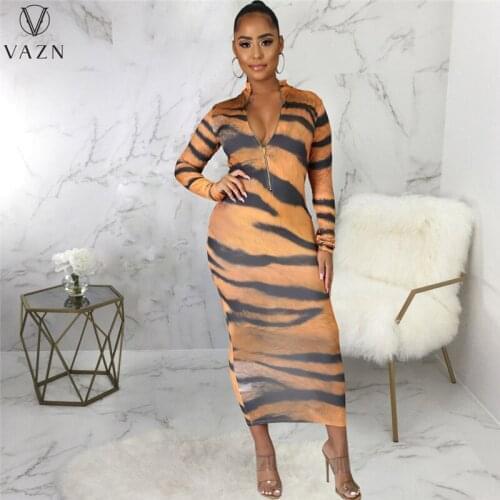 VAZN 2021 New Fashion Hot Sale Women Sexy Holiday Style Long Dresses Long Sleeve Deep V Zipper Printed Mid Long Dresses