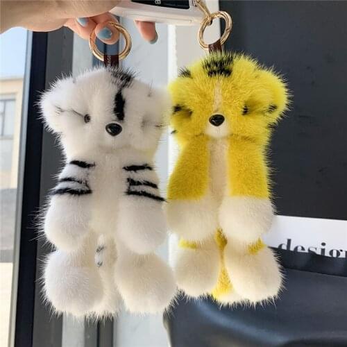 Plush Toys Real Mink Fur Small Tiger Pendant Womens Bag Charm Keychain Ornaments Car Keyrings Cute Trinket Girls Birthday Gifts