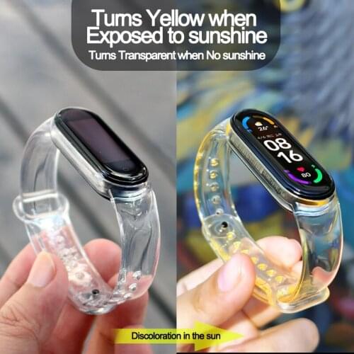 Discoloration Silicone Watch Band For Xiaomi Mi Band 3 4 5 6 Transparent Strap Color changing by light Replacement Wristband