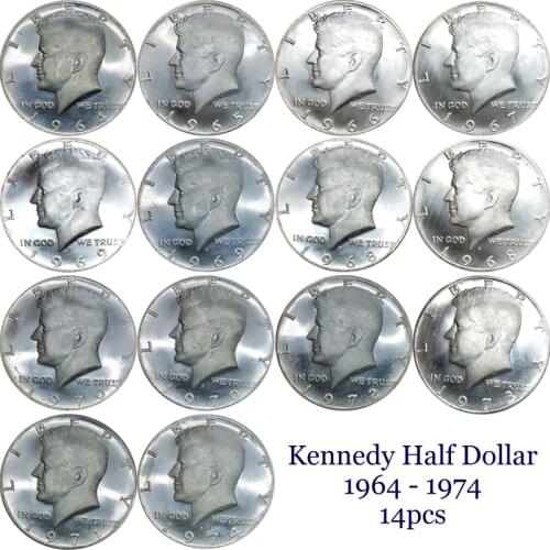 United States Of America ½ Dollar Kennedy Half Dollar In God We Trust 1964 - 1974 14 Pcs Cupronickel Silver Plated Copy Coin