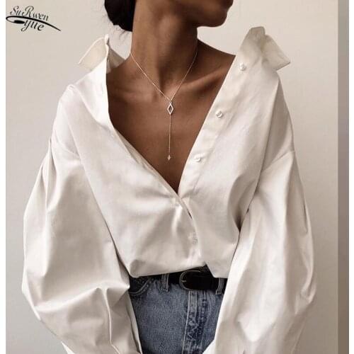 New lapel ladies pure color sexy button silk satin senior retro tops vintage new lapel lantern sleeves elegant casual 10903