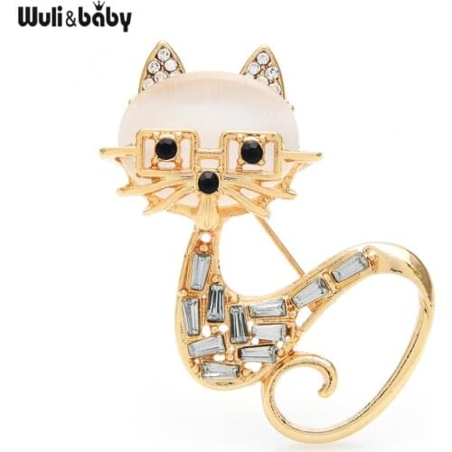Wuli&baby Opal Wear Glasses Cat Brooches Women Men Rhinestone Long Tail Cat Pets Animal Office Casual Brooch Pins Gifts