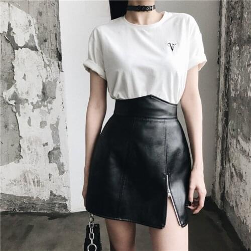 Summer Autumn PU Leather Skirt Women High Waist Punk Hollow out Zipper Cool Black Streetwear Mini Sexy Short Skirts Gothic Girls