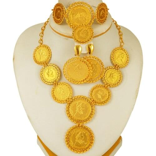 Dubai Jewelry Sets For Women Arab Necklace/Earring/Ring/Bracelet Gold Color Coins Arabic/African Bridal Turkey Wedding Gifts