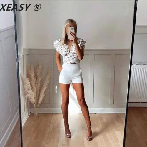 XEASY 2021 Women Dots Print Chiffon Shirt Lady Vintage Summer Short Sleeve Blouse Fashion Open Back Female Bow Blouses Top