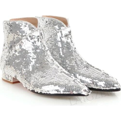 LAIGZEM Women Boots Sequined Glitter Low Chunky Heels Short Booties Ladies Spring Summer Botines Mujer Big Size 33 39 42 43