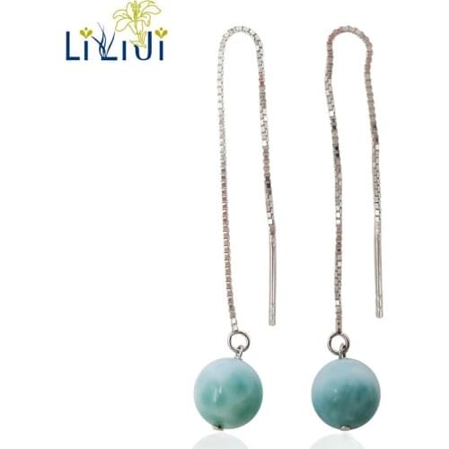 Lii Ji Dominican Larimar Ear-Line Genuine Blue Stone 925 Sterling Silver Platinum Color Long Drop Earrings For Fashion Women
