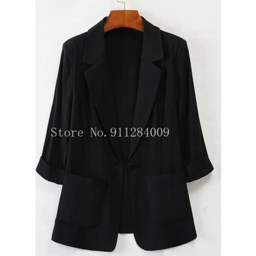 Three Qurater Summer Short Blazer Women Cotton Linen Ice Silk Femme Blazers for Women Solid Jackets Black White Suit Viersized