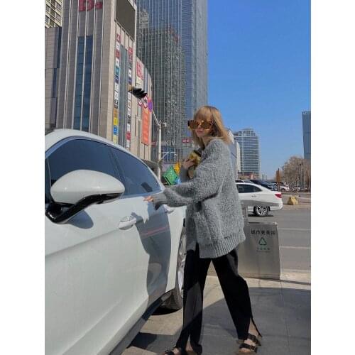 [ZAYAU]Womens Personality Soft Glutinous Rice White Gray Warm Thickened Loose Knit Cardigan Japanese Medium Long Sweater Coat