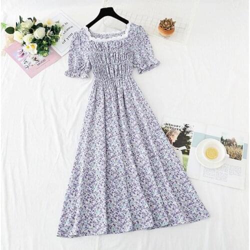 Small fresh Floral Summer Dress Woman Clothes 2021 Ladies Vintage Square collar Printing Chiffon Long Dress Elegant Vestidos