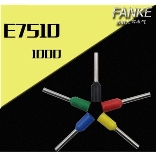 1000pcs/pack E7510 PVC Cord Insulated Terminals Bootlace Ferrules For 0.75mm2, 20 AWG Wire, 10mm of Pin Length Brass tubes