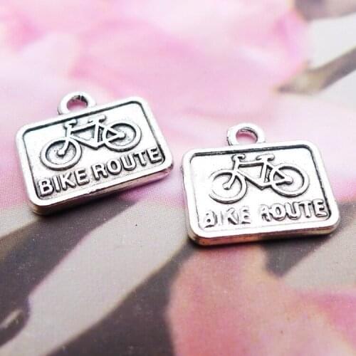 15PCS/Lot 15mm*15mm Sport Pendant Antique Silver Color Word Tag Charm BIKE ROUTE For DIY Jewelry Making Handmade Craft