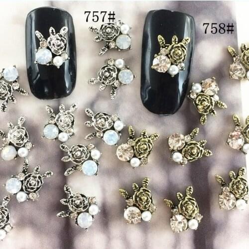 5Pcs/Lot Japan Vintage Rose Flower with Rhinestone Pearl Metal Alloy Nail Art Decorations Stickers/Charms/ Tools for Manicure