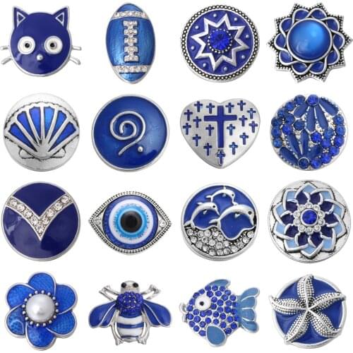5pcs/lot Snap Jewelry Blue Crystal 18mm Snap Buttons Flower Cat Bee Fish Dolphin Cross Snaps Fit 20mm 18mm Snap Bracelet Bangles
