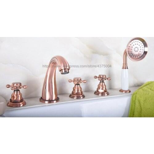 Antique Red Copper Roman Bathtub Mixer Faucet Set with Handheld Shower Deck Mounted 5 Holes Hot and Cold Taps Ntf183