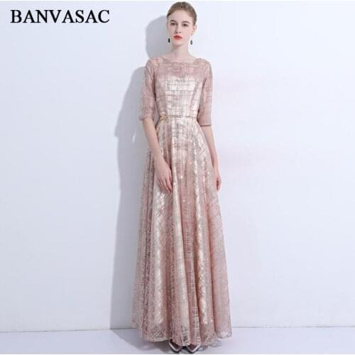 BANVASAC O Neck Sequined Sash 2018 Long Evening Dresses Elegant Party A Line Lace Half Sleeve Backless Prom Gowns