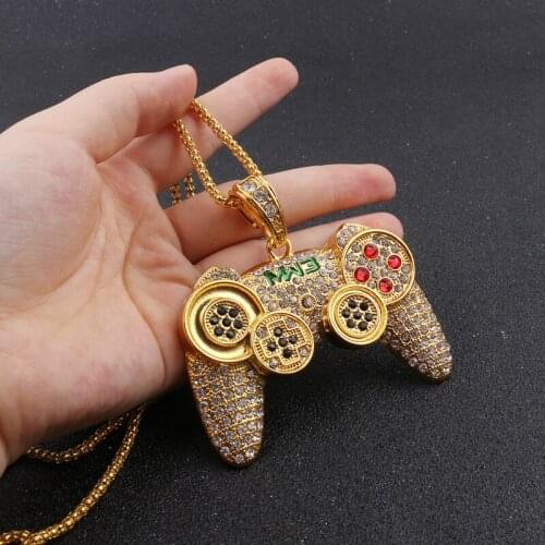 Hip Hop Bling Iced Out Link Chain Gold Color Pendant Game Controller Necklace AAAA Crystal Zirconia Men Punk Rapper Accessories