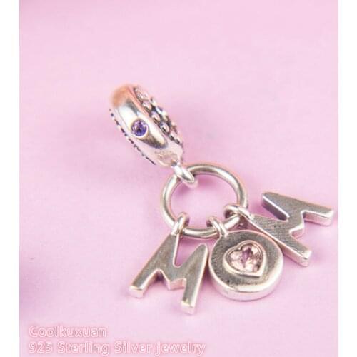 Mothers Day Authentic 925 Sterling Silver Perfect Mom Dangle Charm, Soft Pink & Lilac Crystal Fit Pandora Charms Bracelet