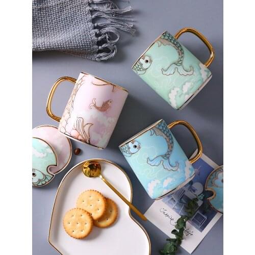 Ceramic Mug With Lid Spoon Fish Tail Couple Drinking Water Cups Tazas De Cafe Creative Milk Coffee Tea Cup Party Home Drinkware