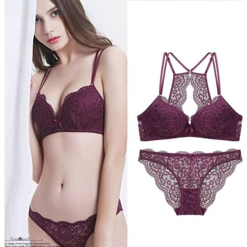 Lace Deep Plunge Double Straps Backless Bra Seamless Wireless Bra and Panty Set Women Underwear without Stones Push Up Lingerie