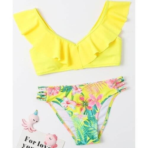Ruffle Girl Swimsuit Kids Tropical Floral&Leaf Girl Bikini Set Two Piece Childrens Swimwear 7-14 Years Girls Bathing Suit 2022