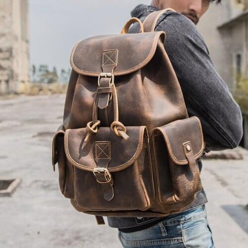 Mens Handmade Retro Crazy Horseskin Leather men Backpack Head Layer Cowhide Large Capacity Backpack Travel Bag Art