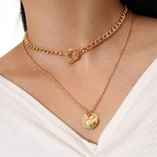 2 Pcs/Set Simple Women Necklaces Set Heart Press Pattern Disc Clavicle Chain Gold Necklace Fashion Wedding Party Lady Jewelry