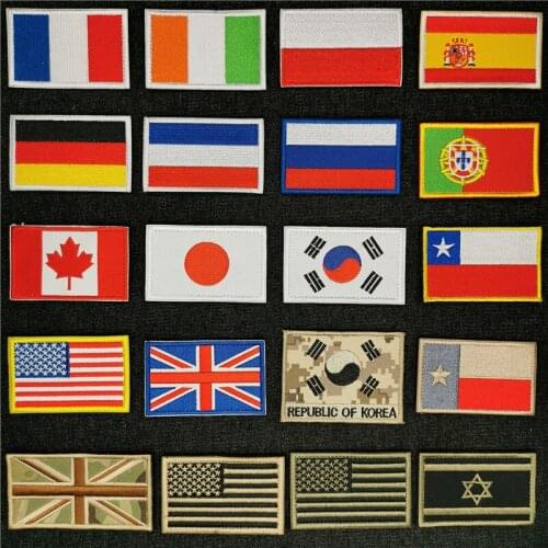 Flag Badge Iron on Patches Embrodried Army Military Hook Patch Spain Korea Russia Flags Cloth Sticker Shoulder Emblem Applieque