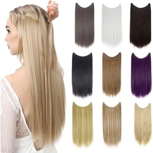 Invisible Wire In Hair Extensions No Clips Hidden Elastic Miracle Fish Line Hairpiece Synthetic Hair for Girls 24" Straight