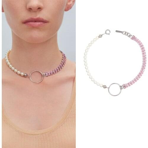 New pink rhinestone chain Pearl ring short necklace female choker clavicle chain