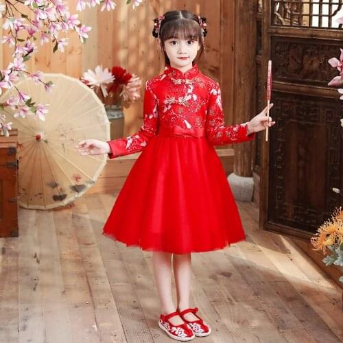Sweet Chinese Girl Embroidery Cheongsam Princess Ball Gown Dress Baby Flower Girl Dress Kids New Year gift Party Evening Dress