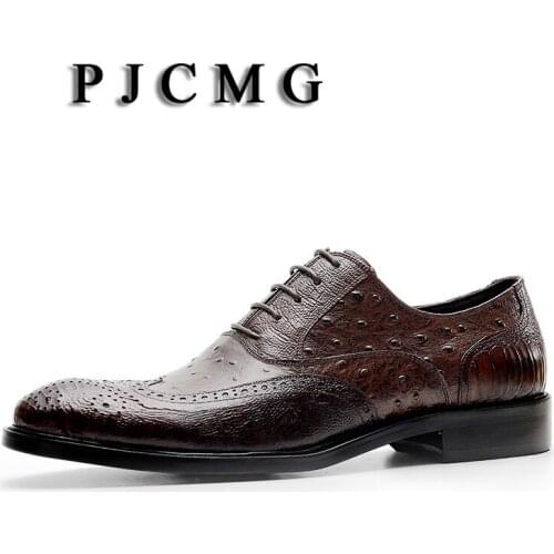 PJCMG Fashion Men Oxford Casual Red/Black Genuine Leather Business Pointed Toe Dress Lace-Up Office & Career Mens Shoes