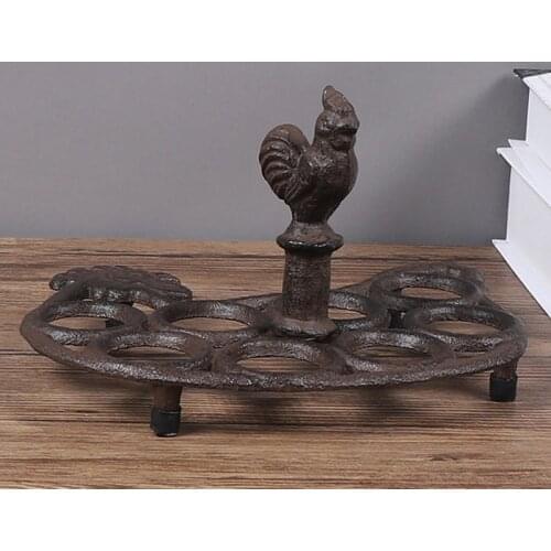 Antique Rustic Cast Iron Rooster Eggs Holder With 8 Pieces Holes Farm House Accents Handmade Home Tabletop Metal Storge Rack