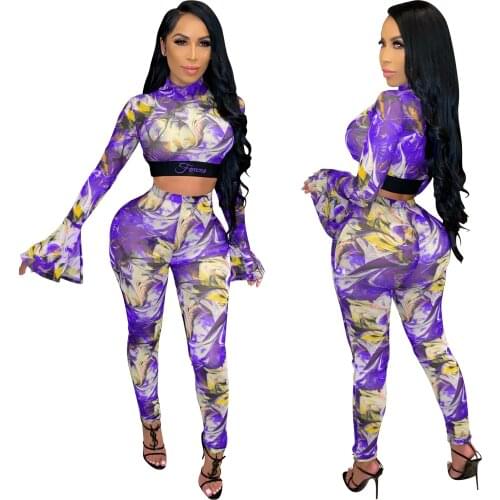 Causal Tie Dye Two Piece Sets Sheer Mesh Flare Long Sleeve Crop Tops Leggings Pants Suit Outfit Sportwear Tracking Matching Set