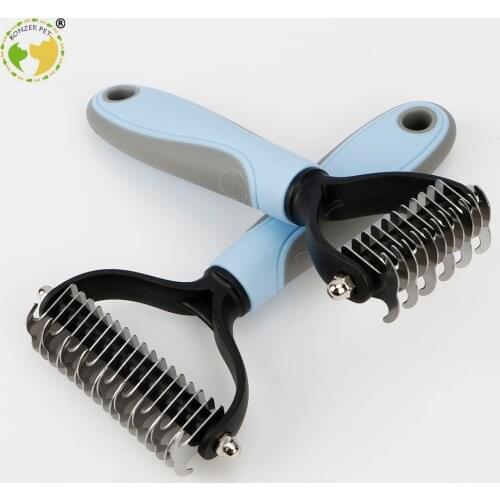Bonzerpet Hair Removal Comb Dog Cat Fur Trimming Dematting Deshedding Stainless Brush Grooming Tool Long Hair BLUE Color