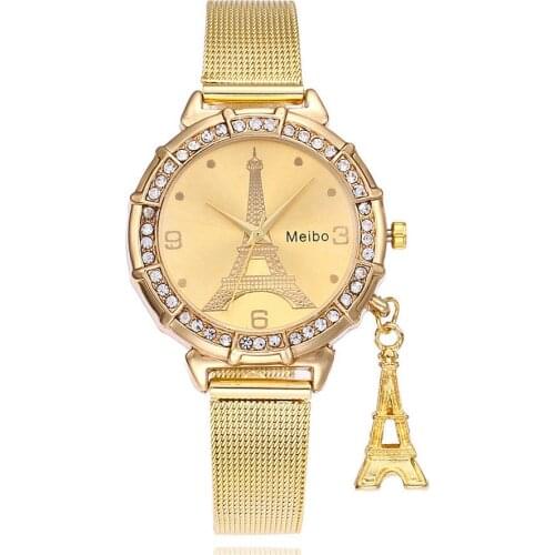 Luxury Brand Gold Women Watches Eiffel Tower Pendant Rhinestone Stainless Steel Mesh Strap Ladies Quartz Wrist Watch Gift533
