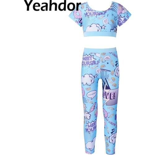 2Pcs Kids Girl Sport Suit Sportwear Short Sleeves Keyhole Back Crop Tops and High Waist Pants Set for Running Gym Exercise Dance