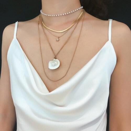 New Trendy Multilayered Shell Pearl Star Shape Pendant Necklace For Women Alloy Chain Necklace Party jewelry Gift