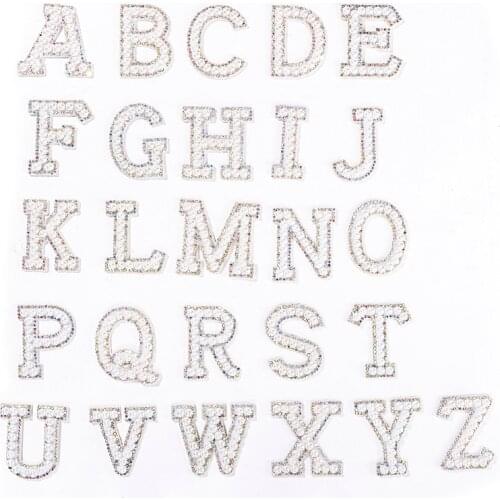 Rhinestone Iron On Patches Glitter Rhinestones White Pearls English Letter A-Z Clothing Decoration Sew On Patch For DIY Projects