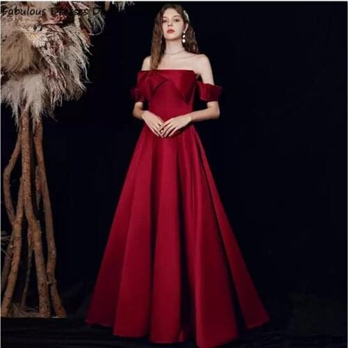 Formal Off Shoulder Prom Dresses Burgundy 2021 Long A Line Boat Neck Evening Dress Party Gowns Backless Vestido De Festa
