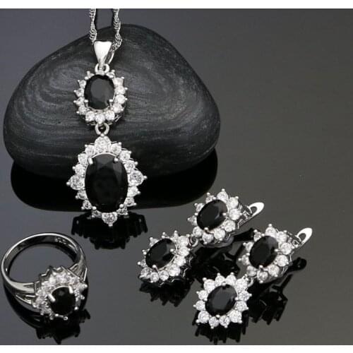 Party Accessories 925 Sterling Silver Jewelry Sets White Cubic Zirconia Black Stone Earrings Ring Necklace Pendant For Women
