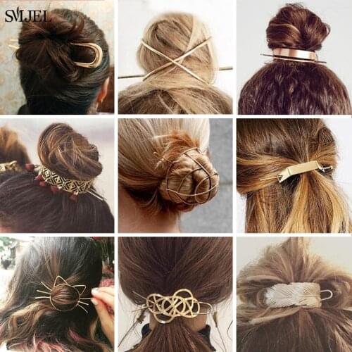 Vintage Hair Clip Geometric Feather Leaf Star Bar Hair Sticks Hairpin Cute Cat Clip Headwear Metal Bridal Hair Accessories 2021