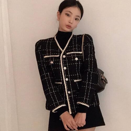 New Spring Women Fashion Black Jackets V Neck Retro Plaid Elegant Cotton Blend Coat Vintage Sweet Pearl Button Cardigans Outwear