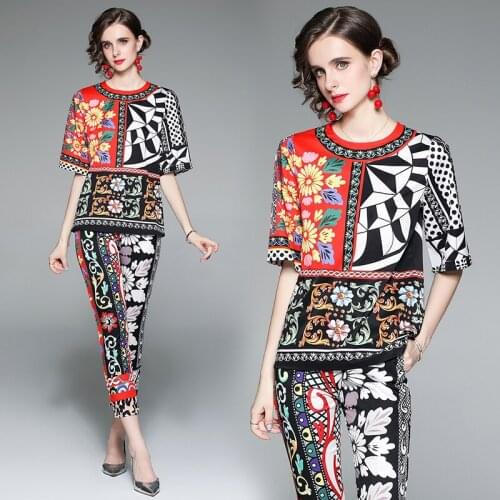 Runway Summer Flower Print Trousers Suits Womens Vintage Baroque Floral Loose Blouse Tops+Slim Pencil Pants 2 Piece Set 8300